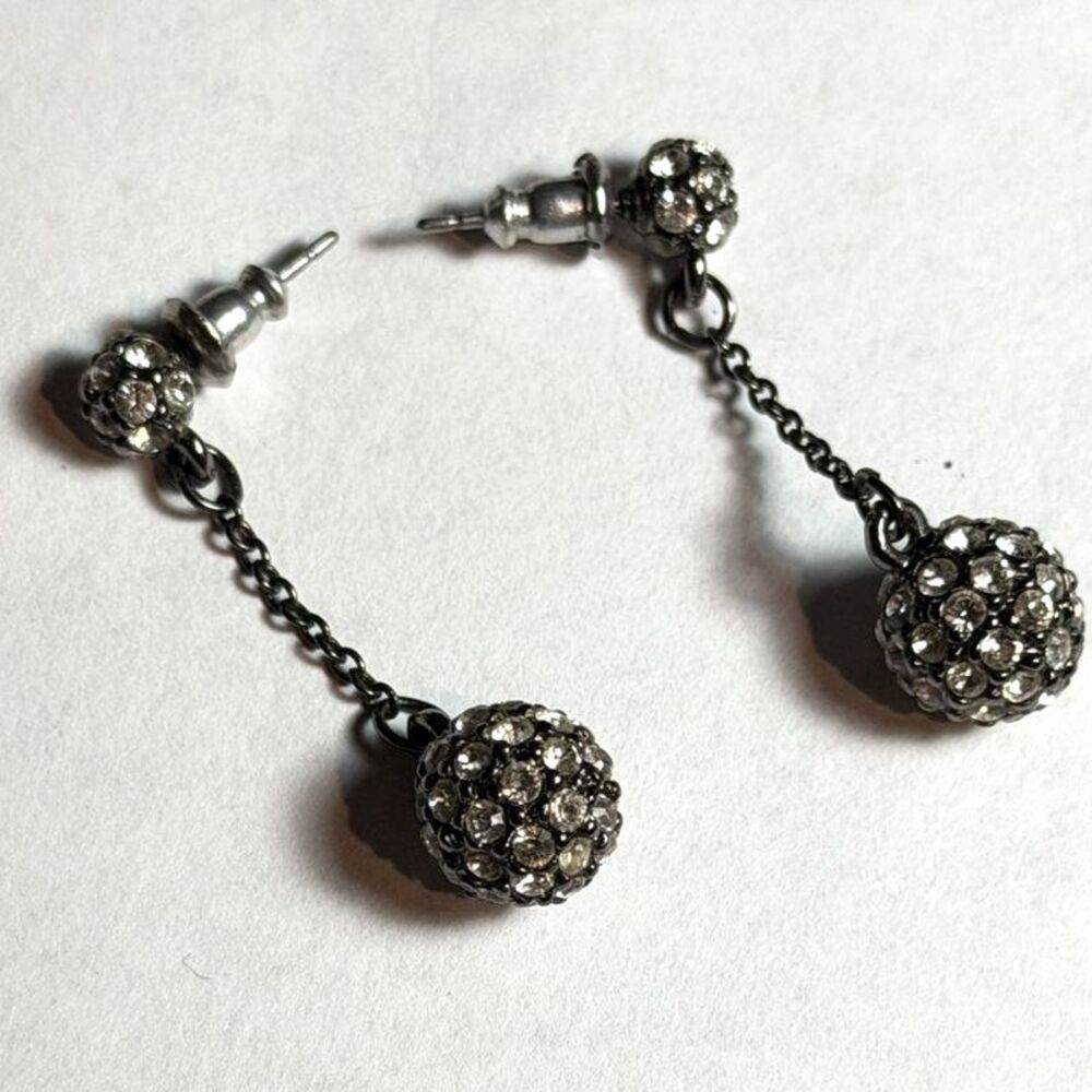 Vintage Silver Black Crystal Ball Drop Earrings Dangle Elegant Feminine Boho
